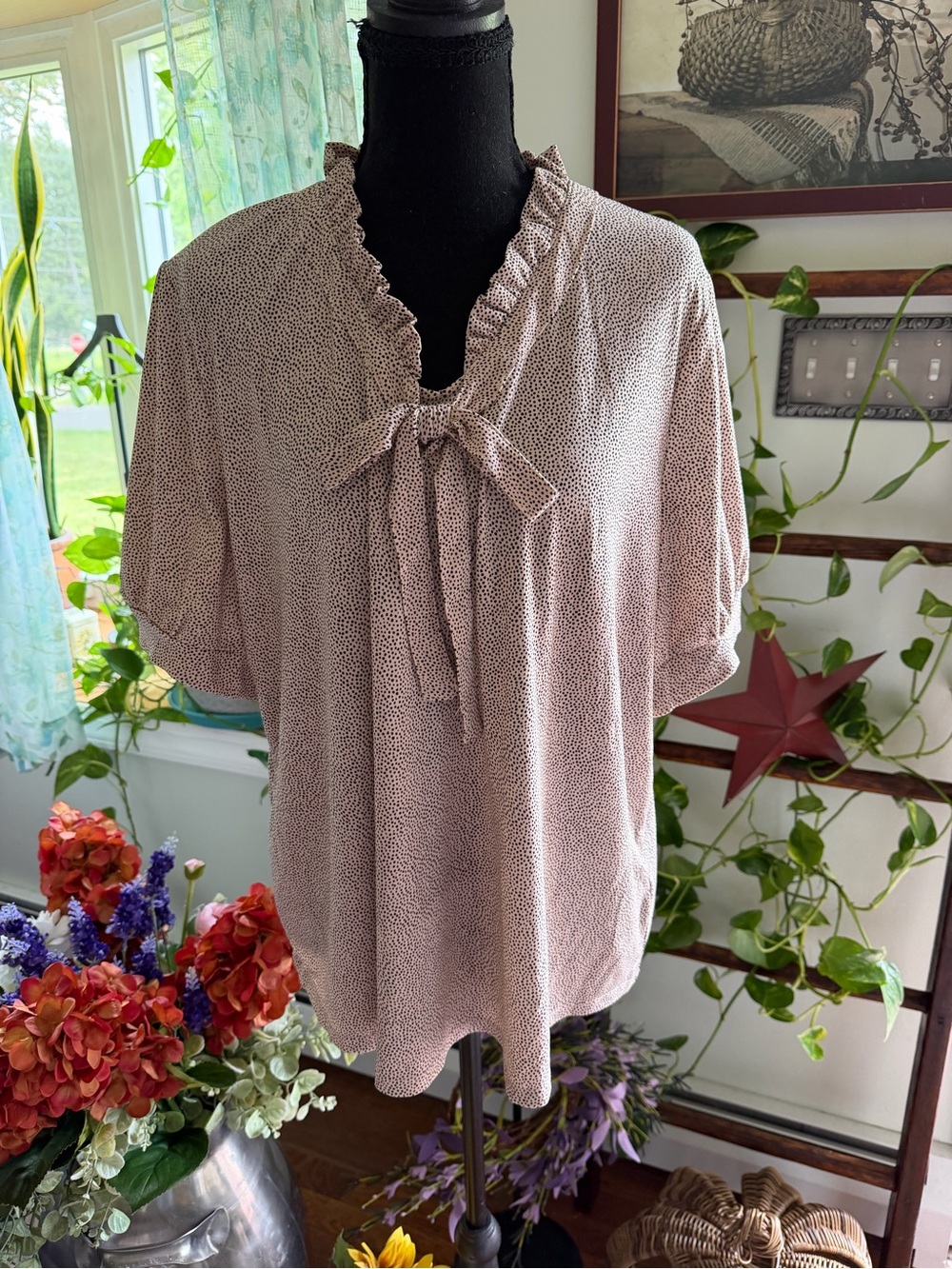 Adrianna Papell Taupe Microdot Ruffle Tie-Neck Blouse
